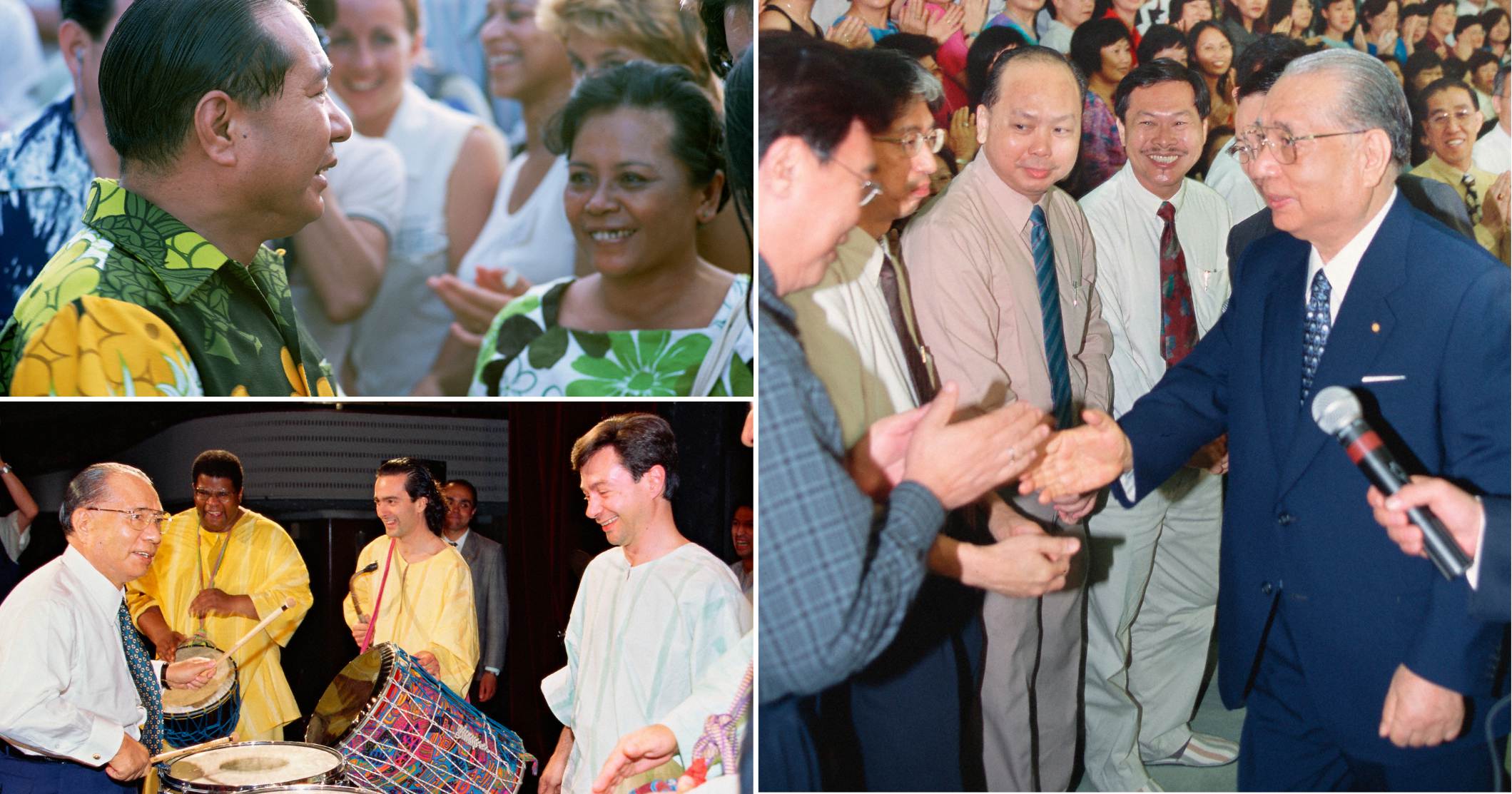 A man and woman in flowery shirts (top); four men playing drums(bottom) and a man extending his hand to greet another man.