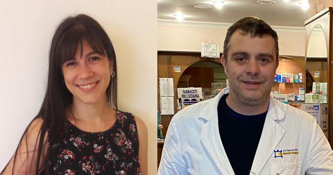 Composite photo of a woman with long hair smiling (left) and a man in white coat (right)