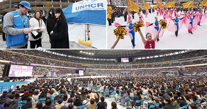 Composición de imágenes de los participantes y los artistas en el festival, y una panorámica del Estadio Nacional