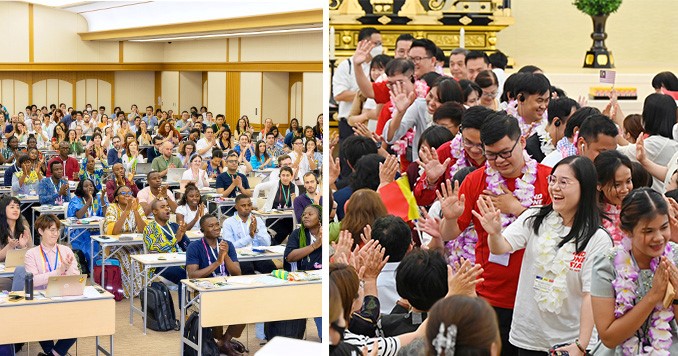 Composite image of people clapping and sitting at desks in a large hall (left), and group of people walking down an aisle in a room of people waving and clapping (right).