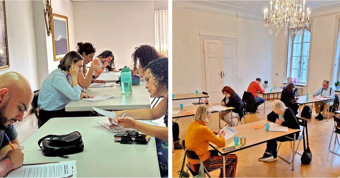 Composite photo of people seated at tables taking exams at two locations.