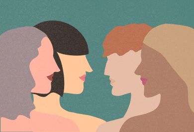 Illustration of four faceless profiles facing each other.