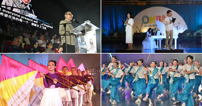 Clockwise from top left: A man speaking at a podium; three people on stage dressed in white speaking into microphones; a group of young people in white and blue dancing on stage; and young people in a line holding big flags.