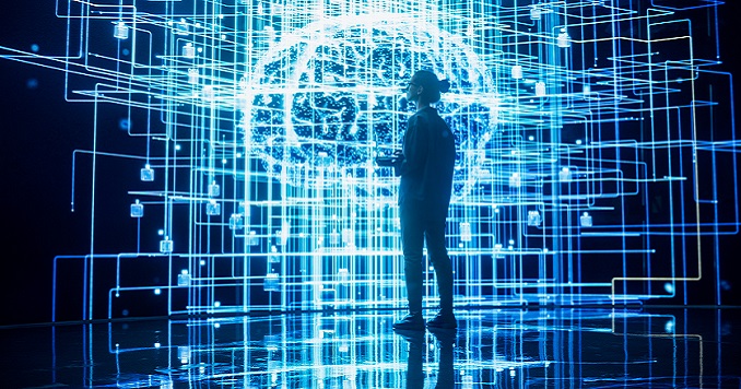 A young woman looking at a large screen displaying a blue 3D visualization of a neural network.