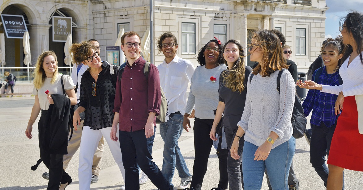 Soka Gakkai youth members walking outside